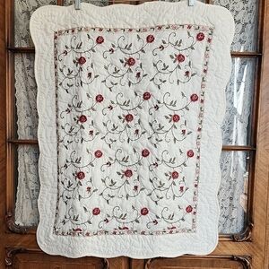 White Quilted Pillow Shams with Red Rose Embroidery Set Of 2 Size 26x 32